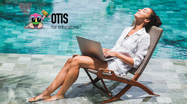 A teacher relaxing by the pool while thinking of poolside prep ideas.